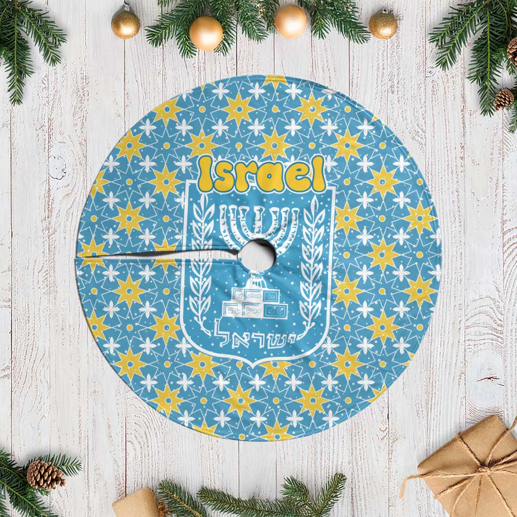 Israel Christmas Tree Skirt with Blue-Yellow Star Pattern, Menorah, and Santa Motif - Wonder Print Shop