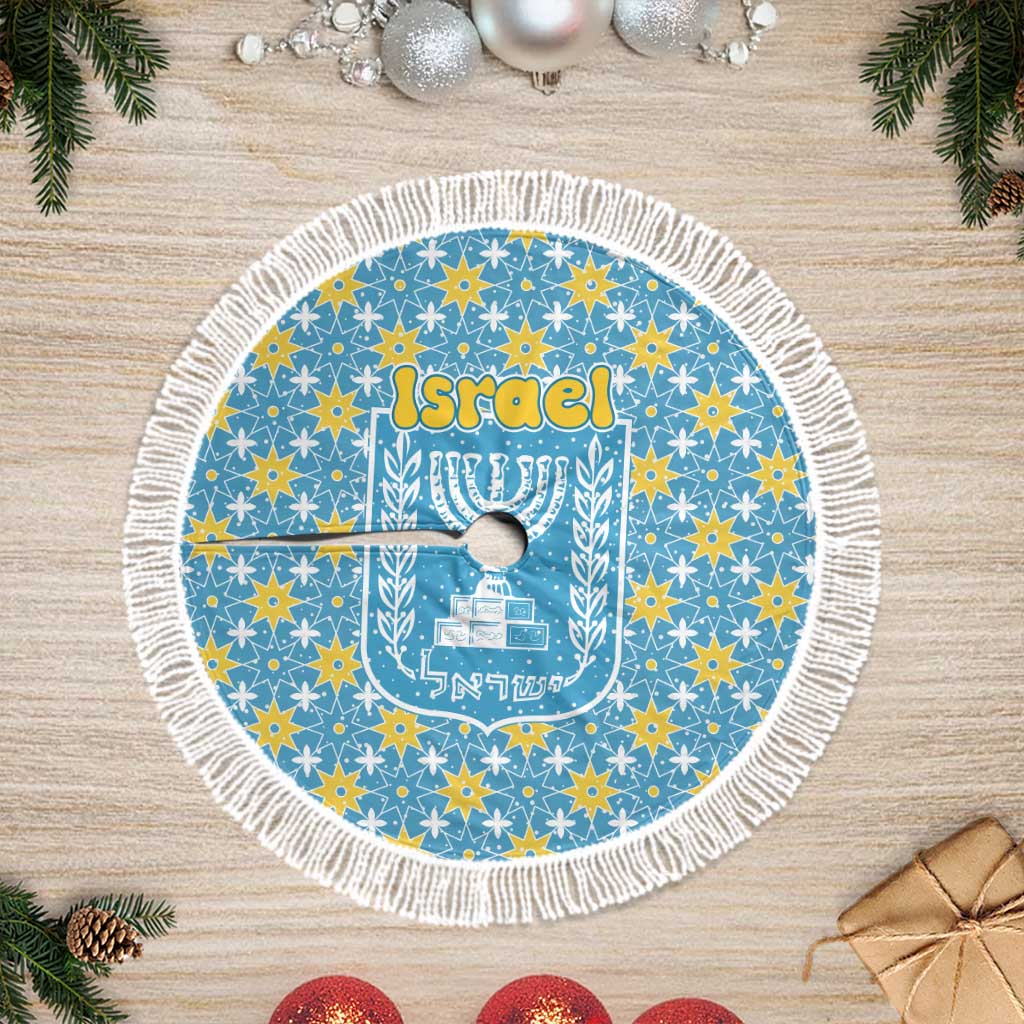 Israel Christmas Tree Skirt with Blue-Yellow Star Pattern, Menorah, and Santa Motif - Wonder Print Shop