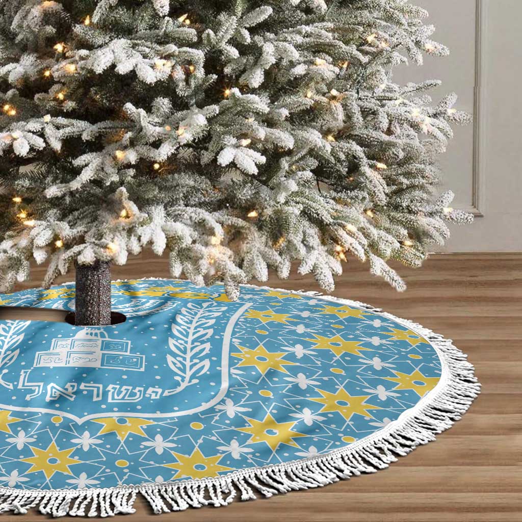 Israel Christmas Tree Skirt with Blue-Yellow Star Pattern, Menorah, and Santa Motif - Wonder Print Shop