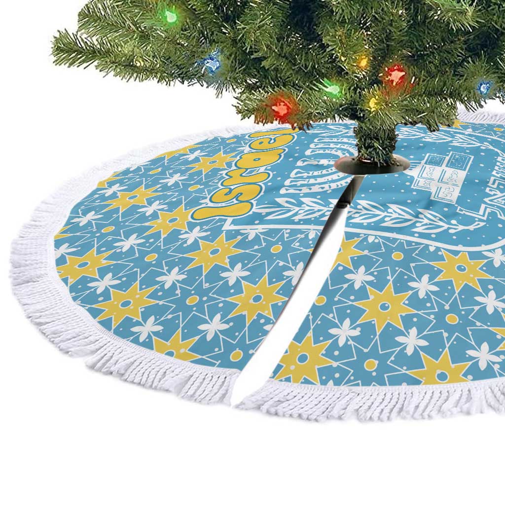 Israel Christmas Tree Skirt with Blue-Yellow Star Pattern, Menorah, and Santa Motif - Wonder Print Shop