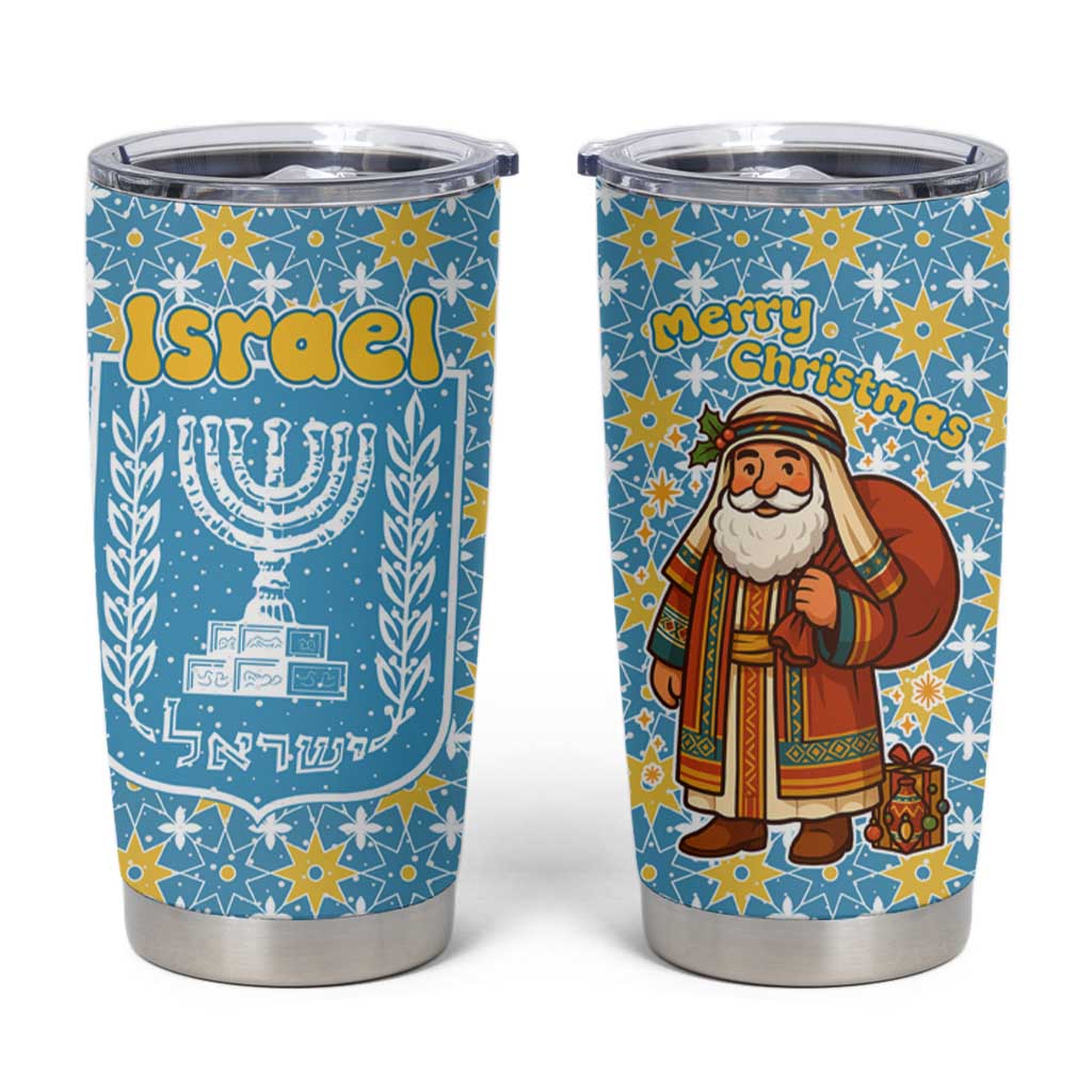 Israel Christmas Tumbler Cup with Blue-Yellow Star Pattern, Menorah, and Santa Motif - Wonder Print Shop