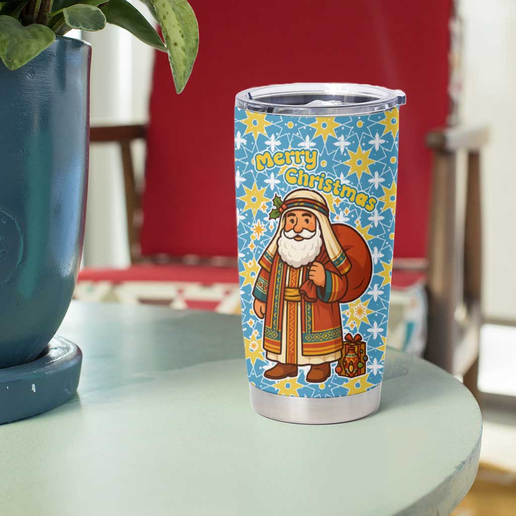 Israel Christmas Tumbler Cup with Blue-Yellow Star Pattern, Menorah, and Santa Motif - Wonder Print Shop