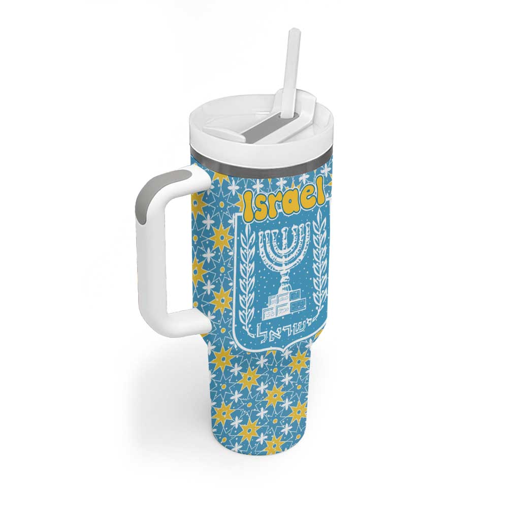 Israel Christmas Tumbler With Handle with Blue-Yellow Star Pattern, Menorah, and Santa Motif - Wonder Print Shop