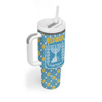 Israel Christmas Tumbler With Handle with Blue-Yellow Star Pattern, Menorah, and Santa Motif - Wonder Print Shop