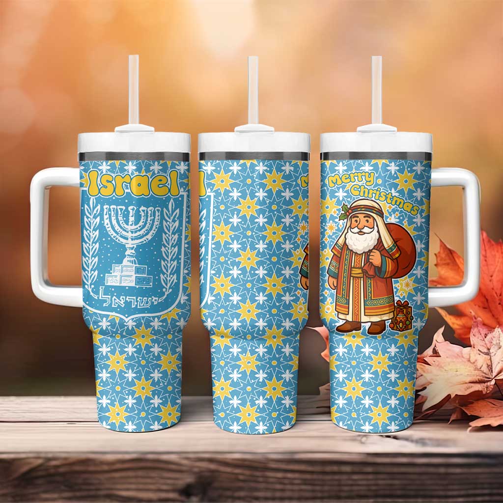 Israel Christmas Tumbler With Handle with Blue-Yellow Star Pattern, Menorah, and Santa Motif - Wonder Print Shop