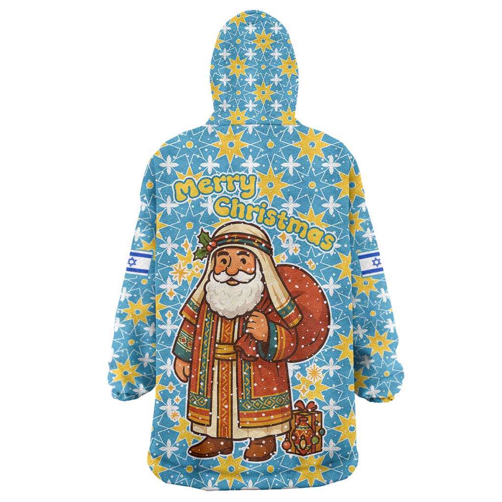 Israel Christmas Wearable Blanket Hoodie with Blue-Yellow Star Pattern, Menorah, and Santa Motif - Wonder Print Shop