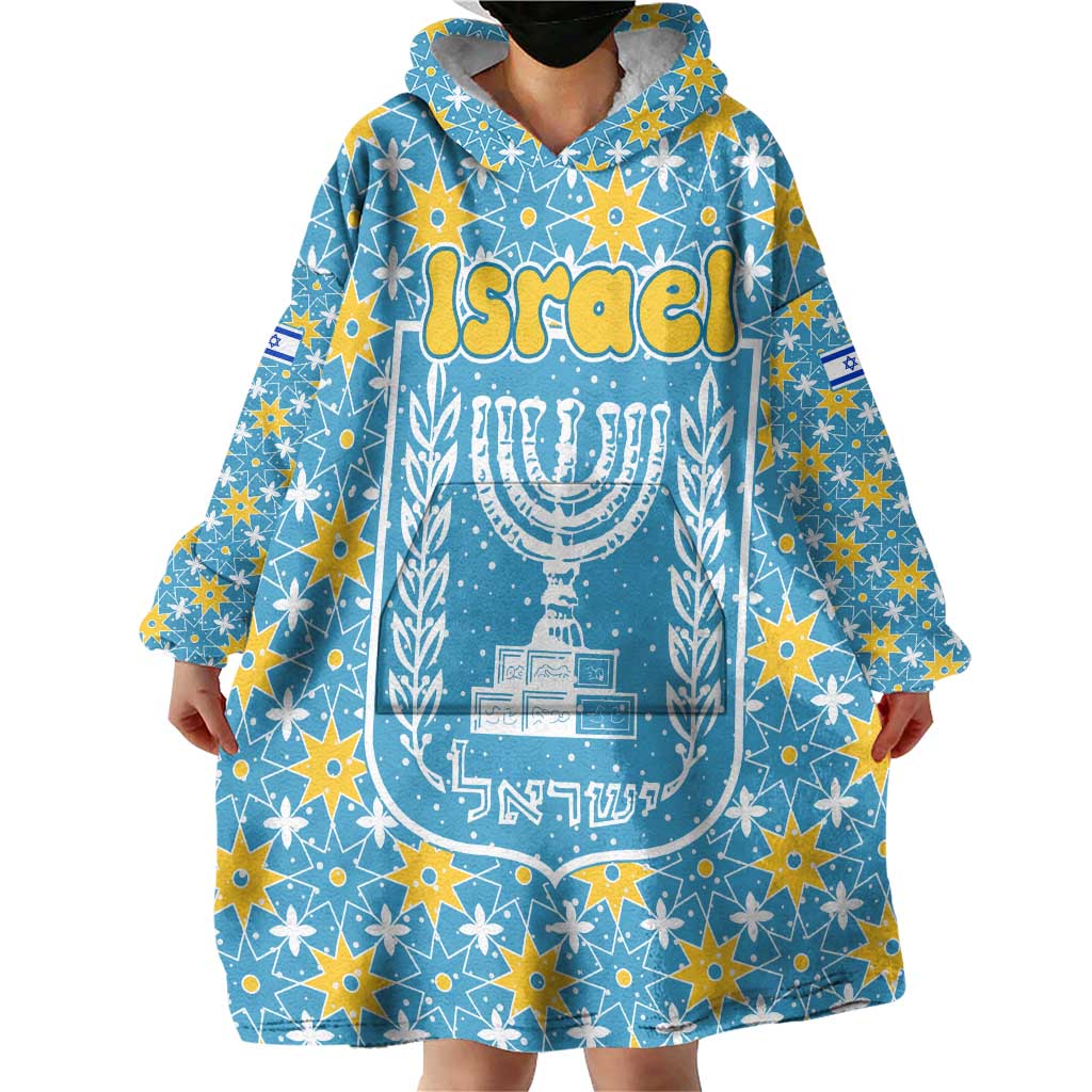 Israel Christmas Wearable Blanket Hoodie with Blue-Yellow Star Pattern, Menorah, and Santa Motif - Wonder Print Shop