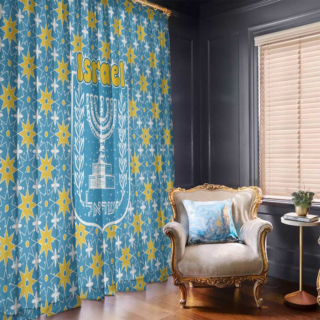 Israel Christmas Window Curtain with Blue-Yellow Star Pattern, Menorah, and Santa Motif - Wonder Print Shop
