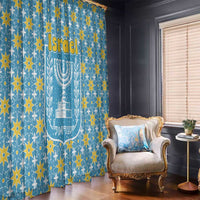Israel Christmas Window Curtain with Blue-Yellow Star Pattern, Menorah, and Santa Motif - Wonder Print Shop