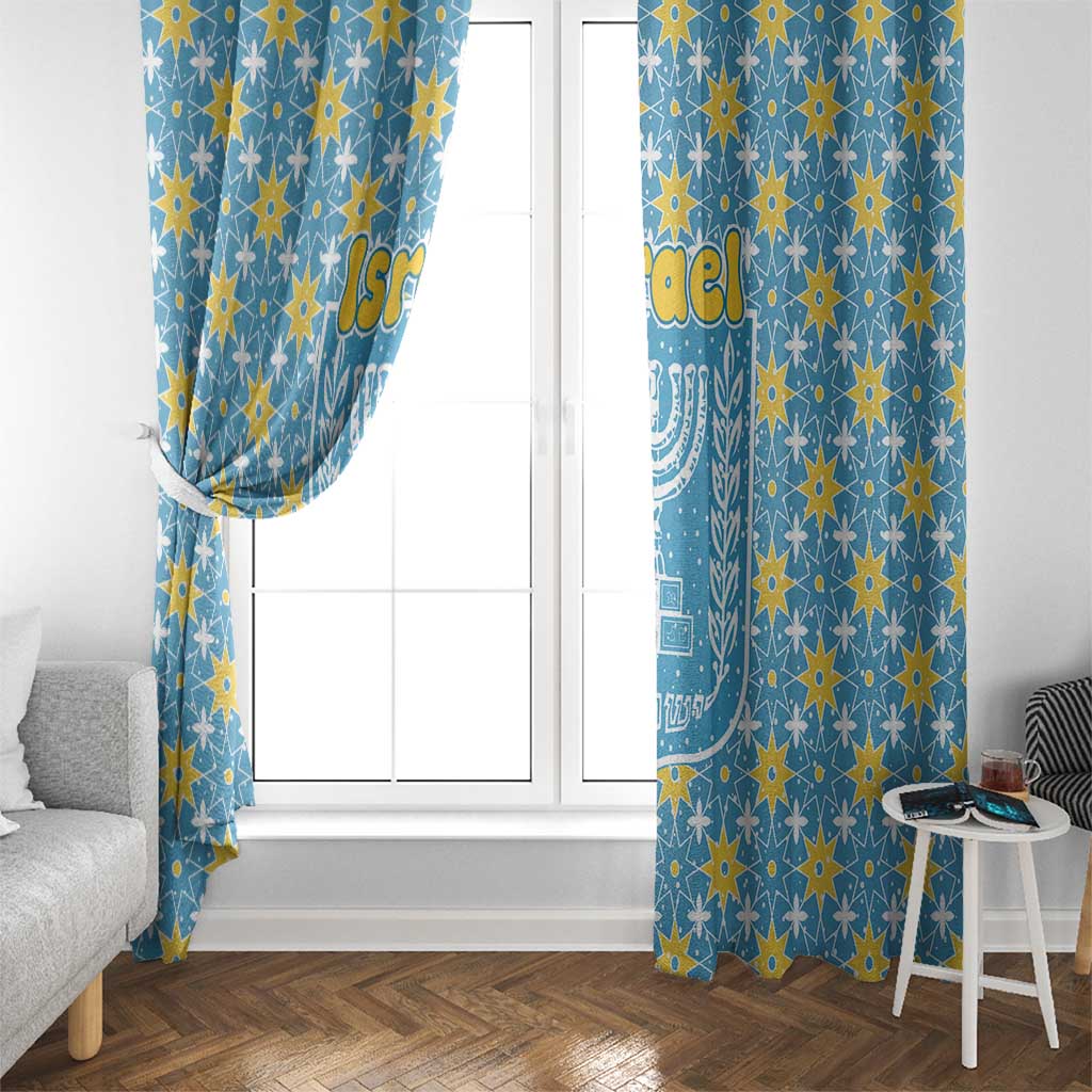 Israel Christmas Window Curtain with Blue-Yellow Star Pattern, Menorah, and Santa Motif - Wonder Print Shop