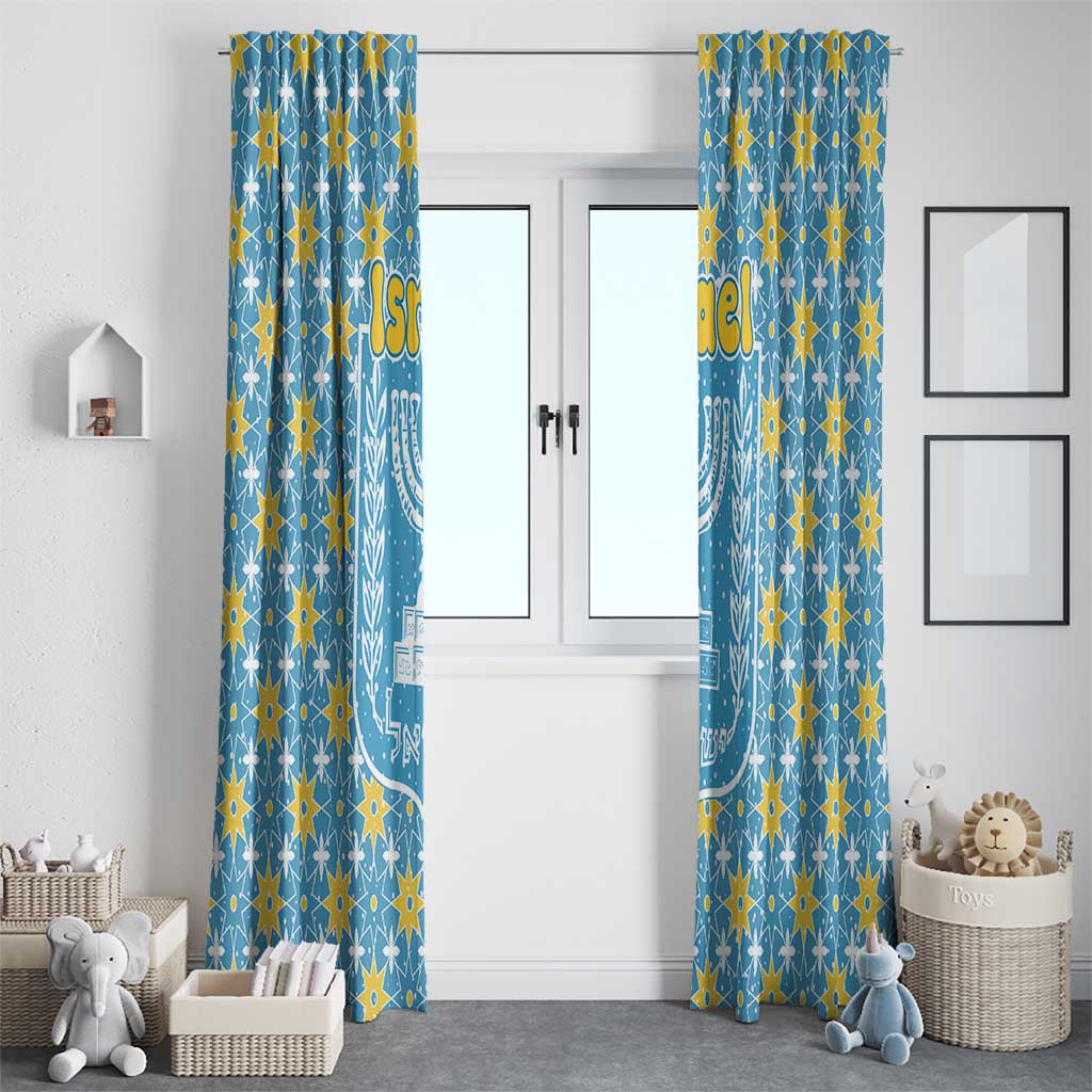Israel Christmas Window Curtain with Blue-Yellow Star Pattern, Menorah, and Santa Motif - Wonder Print Shop
