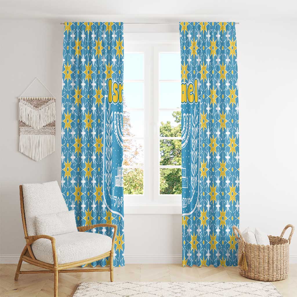 Israel Christmas Window Curtain with Blue-Yellow Star Pattern, Menorah, and Santa Motif - Wonder Print Shop