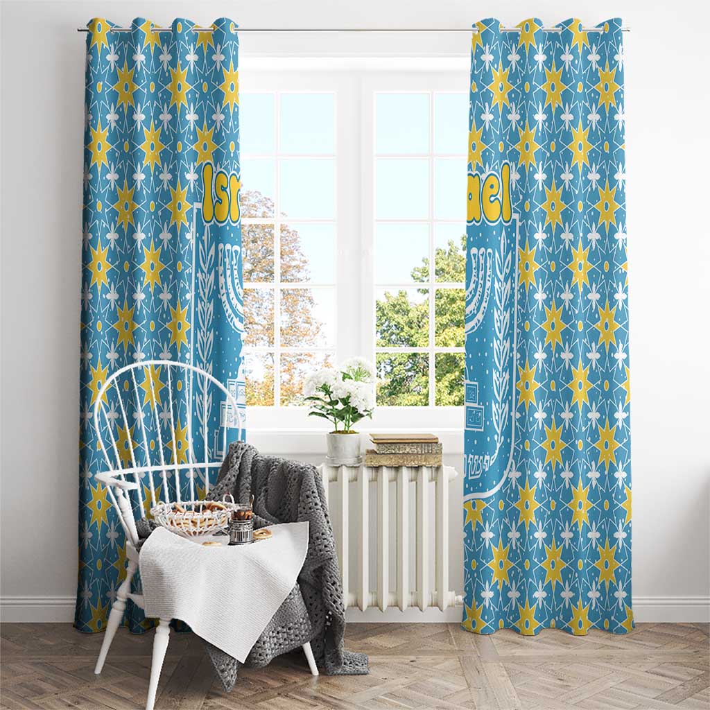 Israel Christmas Window Curtain with Blue-Yellow Star Pattern, Menorah, and Santa Motif - Wonder Print Shop