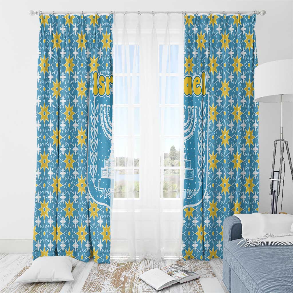 Israel Christmas Window Curtain with Blue-Yellow Star Pattern, Menorah, and Santa Motif - Wonder Print Shop
