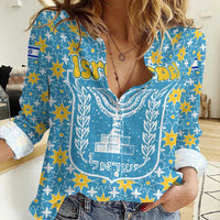 Israel Christmas Women Casual Shirt with Blue-Yellow Star Pattern, Menorah, and Santa Motif - Wonder Print Shop