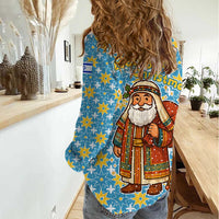 Israel Christmas Women Casual Shirt with Blue-Yellow Star Pattern, Menorah, and Santa Motif - Wonder Print Shop