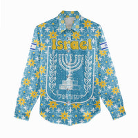 Israel Christmas Women Casual Shirt with Blue-Yellow Star Pattern, Menorah, and Santa Motif - Wonder Print Shop