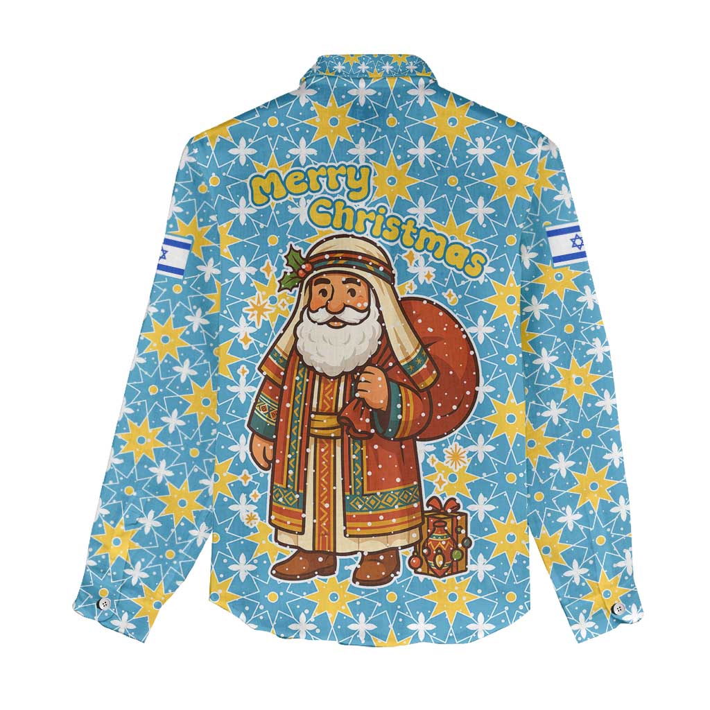 Israel Christmas Women Casual Shirt with Blue-Yellow Star Pattern, Menorah, and Santa Motif - Wonder Print Shop