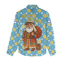 Israel Christmas Women Casual Shirt with Blue-Yellow Star Pattern, Menorah, and Santa Motif - Wonder Print Shop