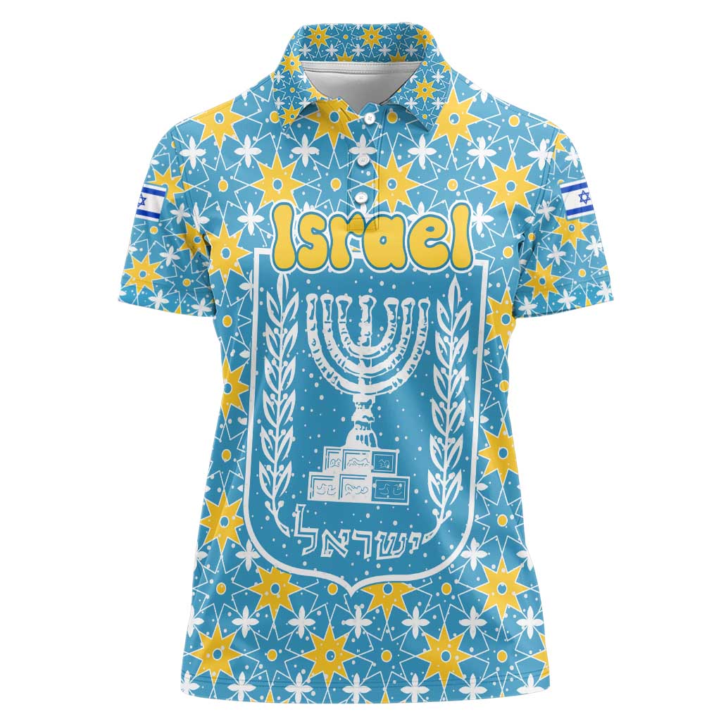 Israel Christmas Women Polo Shirt with Blue-Yellow Star Pattern, Menorah, and Santa Motif - Wonder Print Shop