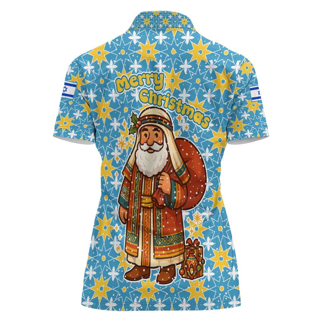 Israel Christmas Women Polo Shirt with Blue-Yellow Star Pattern, Menorah, and Santa Motif - Wonder Print Shop