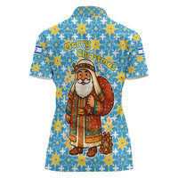 Israel Christmas Women Polo Shirt with Blue-Yellow Star Pattern, Menorah, and Santa Motif - Wonder Print Shop