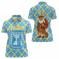 Israel Christmas Women Polo Shirt with Blue-Yellow Star Pattern, Menorah, and Santa Motif - Wonder Print Shop
