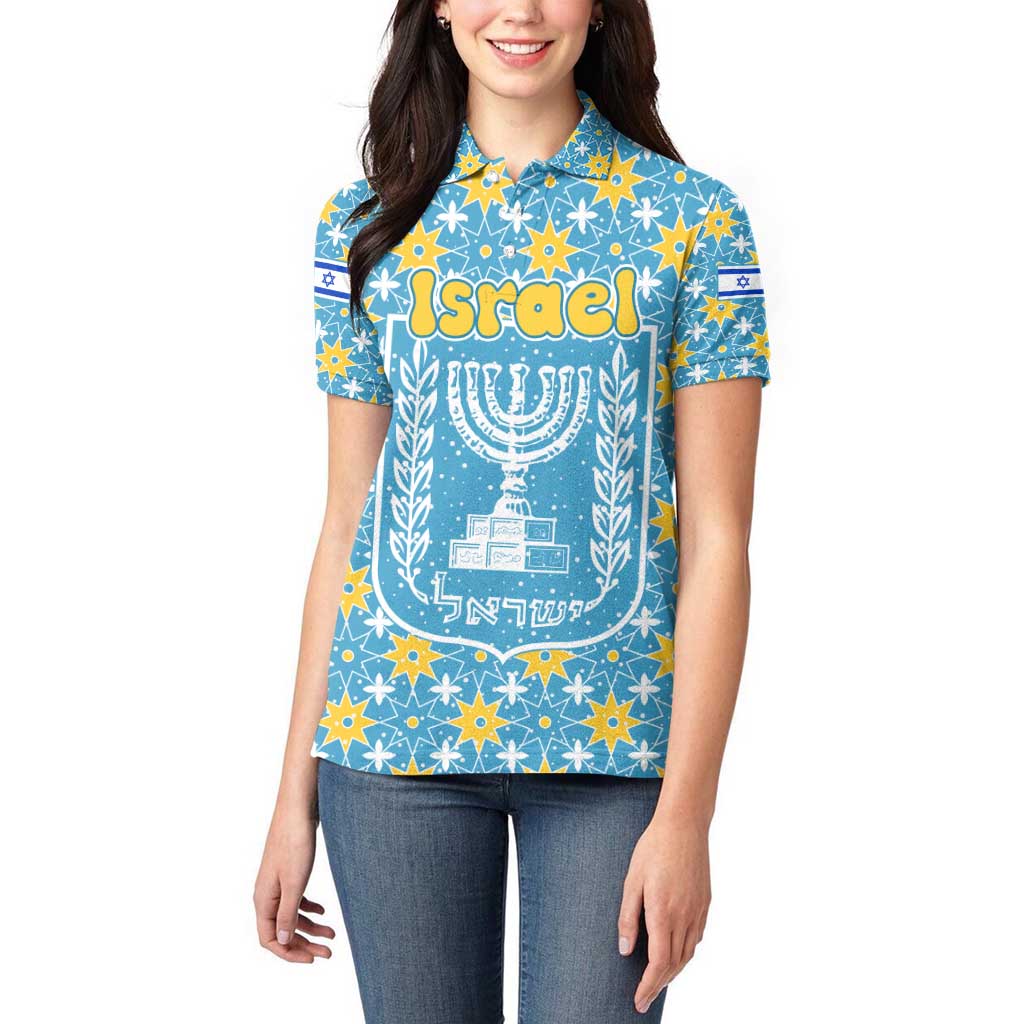 Israel Christmas Women Polo Shirt with Blue-Yellow Star Pattern, Menorah, and Santa Motif - Wonder Print Shop