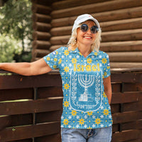 Israel Christmas Women Polo Shirt with Blue-Yellow Star Pattern, Menorah, and Santa Motif - Wonder Print Shop