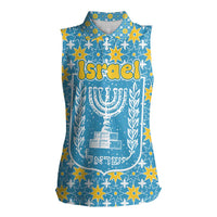 Israel Christmas Women Sleeveless Polo Shirt with Blue-Yellow Star Pattern, Menorah, and Santa Motif - Wonder Print Shop