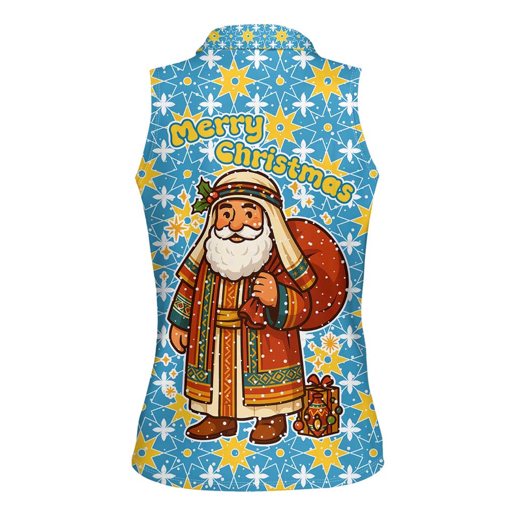 Israel Christmas Women Sleeveless Polo Shirt with Blue-Yellow Star Pattern, Menorah, and Santa Motif - Wonder Print Shop