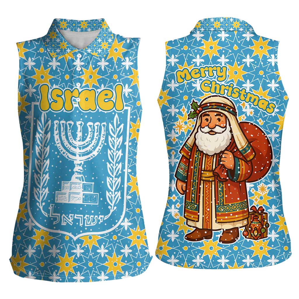 Israel Christmas Women Sleeveless Polo Shirt with Blue-Yellow Star Pattern, Menorah, and Santa Motif - Wonder Print Shop