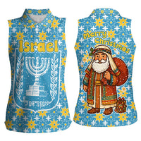Israel Christmas Women Sleeveless Polo Shirt with Blue-Yellow Star Pattern, Menorah, and Santa Motif - Wonder Print Shop
