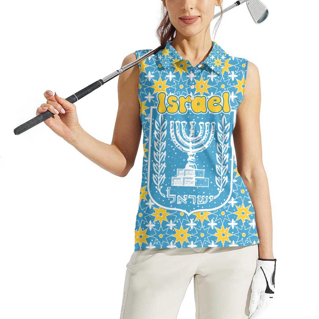 Israel Christmas Women Sleeveless Polo Shirt with Blue-Yellow Star Pattern, Menorah, and Santa Motif - Wonder Print Shop