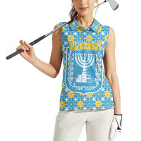 Israel Christmas Women Sleeveless Polo Shirt with Blue-Yellow Star Pattern, Menorah, and Santa Motif - Wonder Print Shop