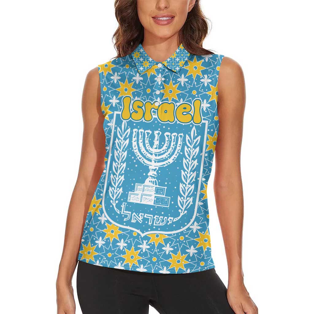Israel Christmas Women Sleeveless Polo Shirt with Blue-Yellow Star Pattern, Menorah, and Santa Motif - Wonder Print Shop