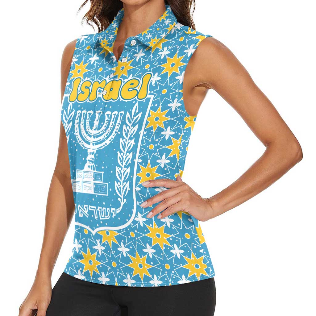 Israel Christmas Women Sleeveless Polo Shirt with Blue-Yellow Star Pattern, Menorah, and Santa Motif - Wonder Print Shop