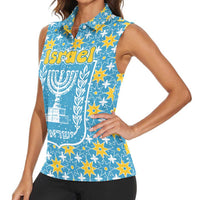 Israel Christmas Women Sleeveless Polo Shirt with Blue-Yellow Star Pattern, Menorah, and Santa Motif - Wonder Print Shop