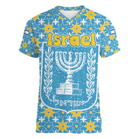 Israel Christmas Women V-Neck T-Shirt with Blue-Yellow Star Pattern, Menorah, and Santa Motif - Wonder Print Shop