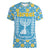 Israel Christmas Women V-Neck T-Shirt with Blue-Yellow Star Pattern, Menorah, and Santa Motif - Wonder Print Shop