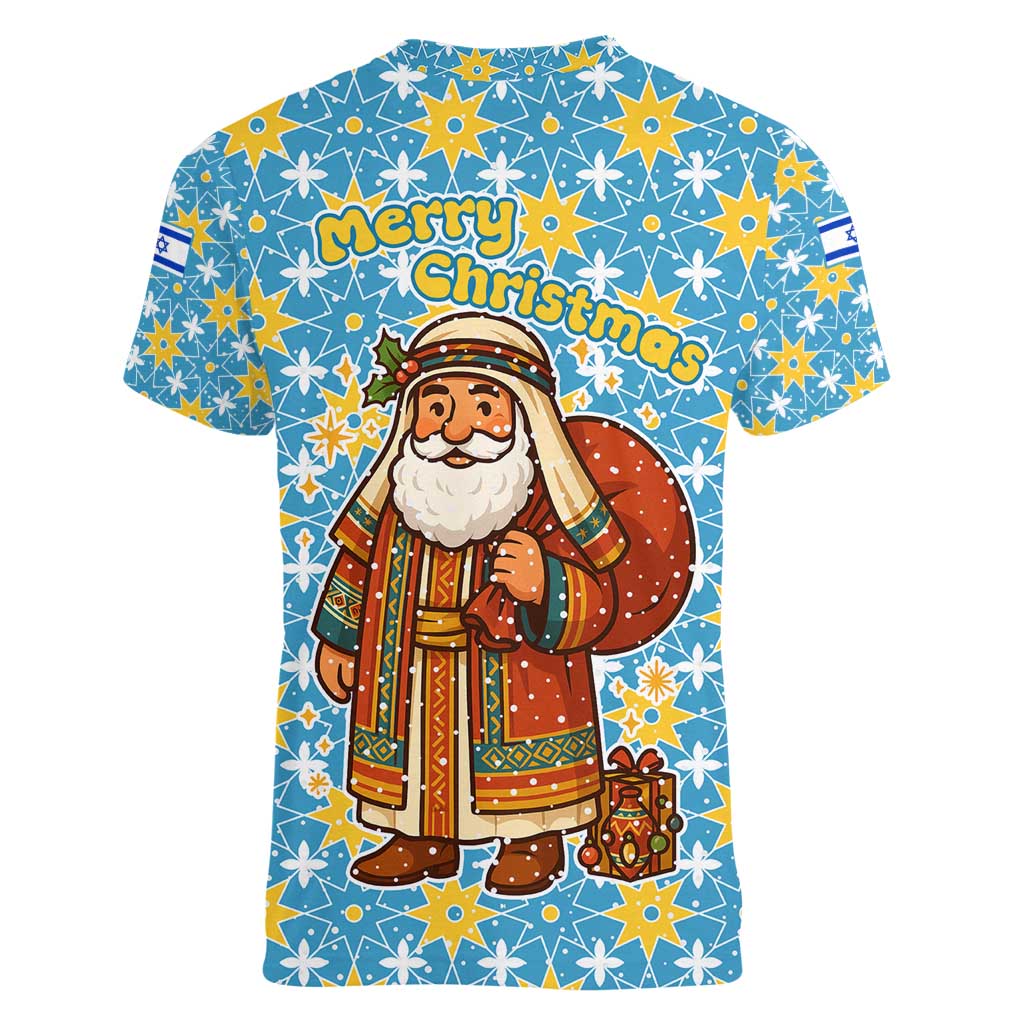 Israel Christmas Women V-Neck T-Shirt with Blue-Yellow Star Pattern, Menorah, and Santa Motif - Wonder Print Shop