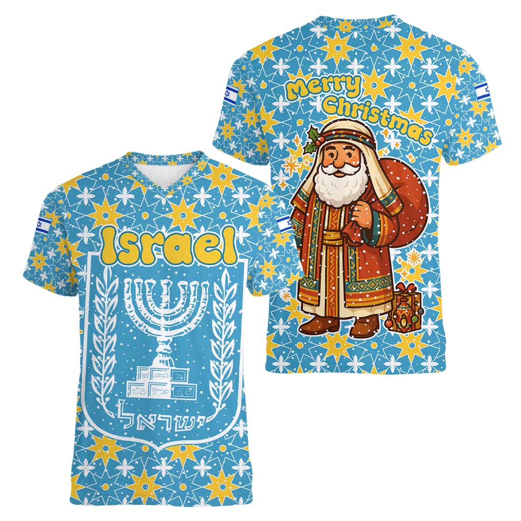 Israel Christmas Women V-Neck T-Shirt with Blue-Yellow Star Pattern, Menorah, and Santa Motif - Wonder Print Shop