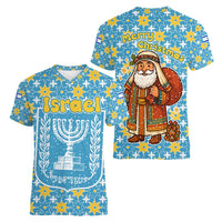 Israel Christmas Women V-Neck T-Shirt with Blue-Yellow Star Pattern, Menorah, and Santa Motif - Wonder Print Shop
