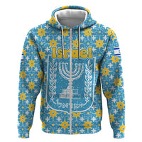 Israel Christmas Zip Hoodie with Blue-Yellow Star Pattern, Menorah, and Santa Motif - Wonder Print Shop