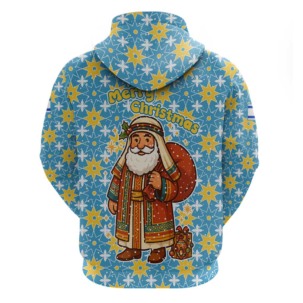 Israel Christmas Zip Hoodie with Blue-Yellow Star Pattern, Menorah, and Santa Motif - Wonder Print Shop