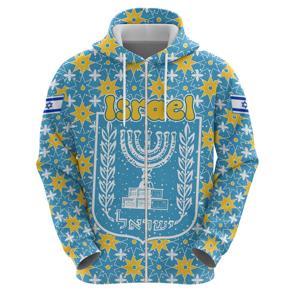 Israel Christmas Zip Hoodie with Blue-Yellow Star Pattern, Menorah, and Santa Motif - Wonder Print Shop