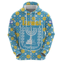 Israel Christmas Zip Hoodie with Blue-Yellow Star Pattern, Menorah, and Santa Motif - Wonder Print Shop