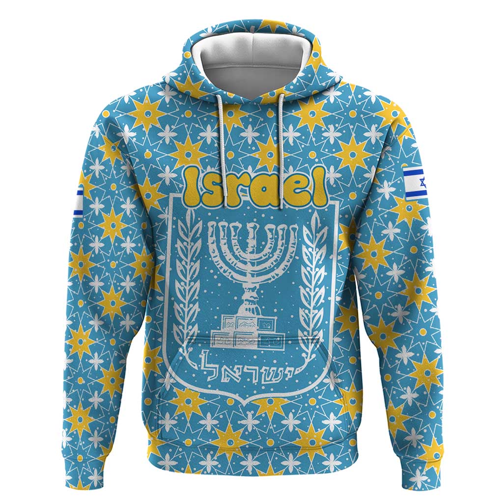 Israel Christmas Zip Hoodie with Blue-Yellow Star Pattern, Menorah, and Santa Motif - Wonder Print Shop