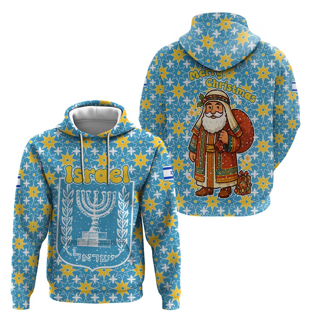 Israel Christmas Zip Hoodie with Blue-Yellow Star Pattern, Menorah, and Santa Motif - Wonder Print Shop