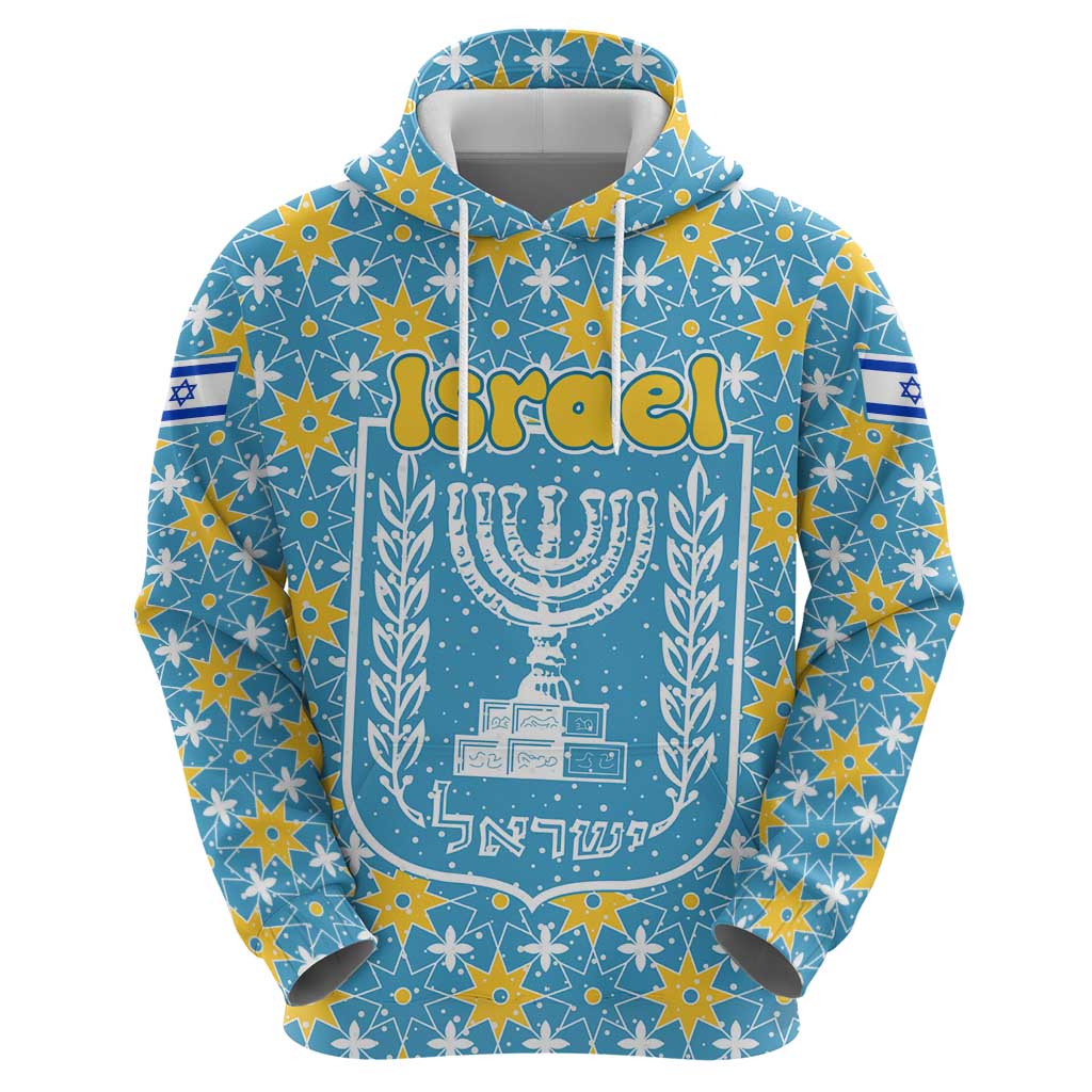 Israel Christmas Zip Hoodie with Blue-Yellow Star Pattern, Menorah, and Santa Motif - Wonder Print Shop
